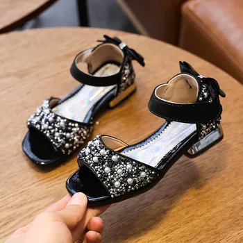 

2020 Bow Summer Shoes Kids Girls Pearl Rhinestone High Flat Leather Sandals Children Beach Sandals 3 4 5 6 7 8 9 10 11 12 Years