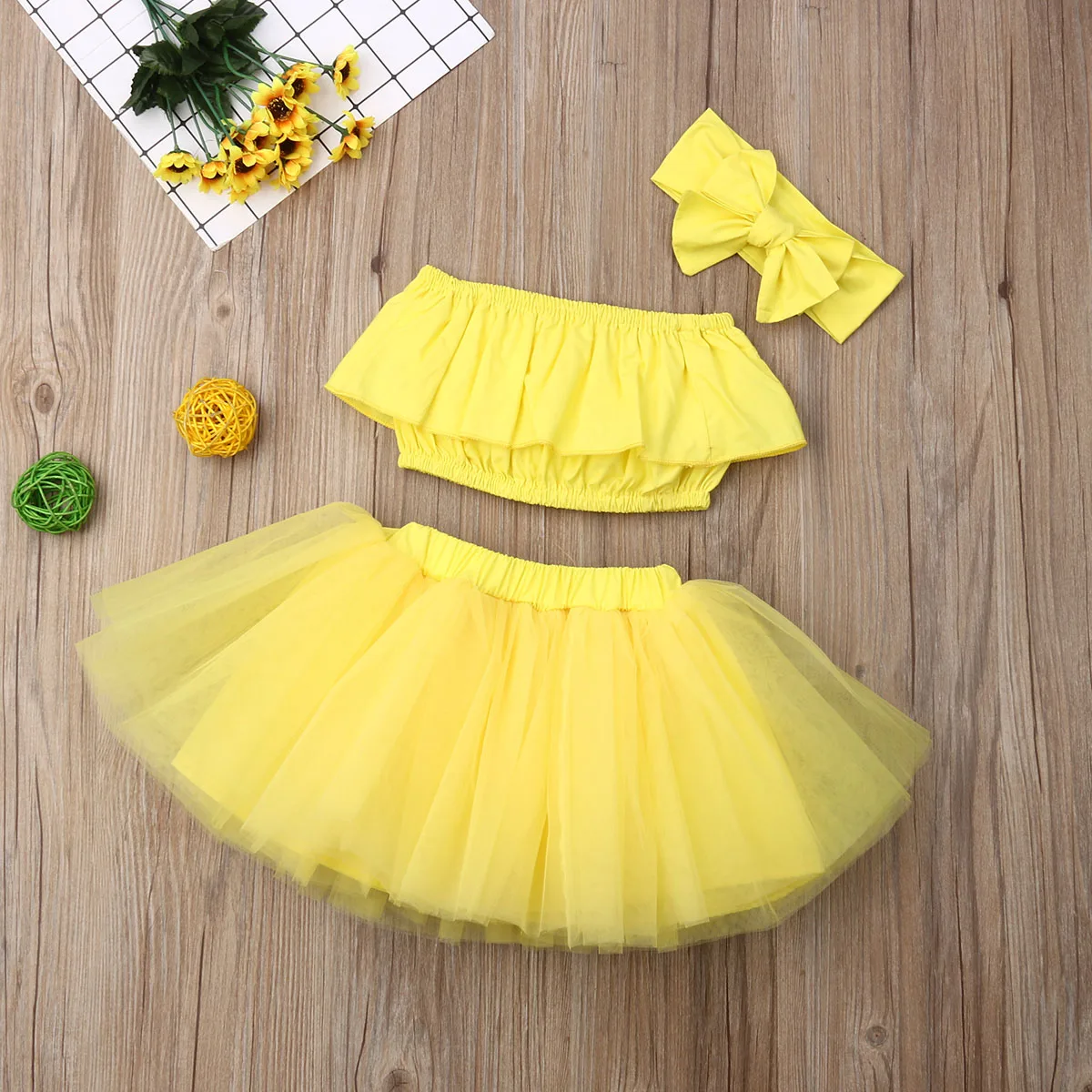 3PCS Toddler Baby Girl Party Crop Top Tutu Tulle Lace Mesh Skirt Dress Outfit Clothes Summer Yellow baby outfit matching set