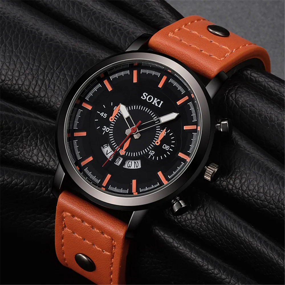 Soki брендовые Роскошные спортивные часы модный кожаный ремешок кварцевые мужские повседневные деловые мужские наручные часы Montre Homme