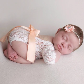 

Newborn Lace Bow Backless Jumpsuit Photo Clothing Solid Color Lace Hair Band Set Baby Girl Photography Props Photo shoot Souveni