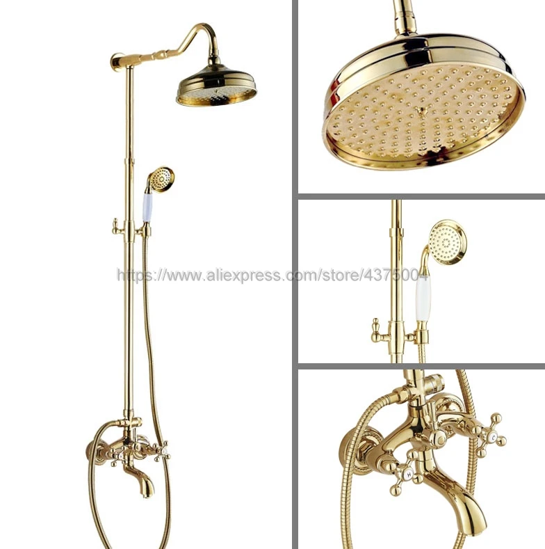 

Golden Shower Set Faucet Wall Mount Dual Cross Handles 8" Rain Shower Mixers with Handshower Swive Tub Mixer Tap Ngf708