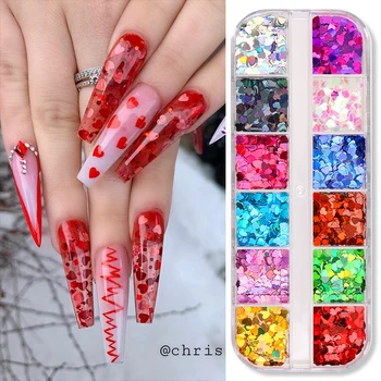 

12 grids/pc Nail Art Colorful Flakes Holographics Nail Sequins Love Shape Decoration fire DIY Design Sticker