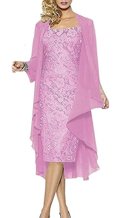 Два предмета шифоновое платье длиной до колен кружевное платье невесты три четверти рукава фиолетовый серый свадебное платье для гостей - Цвет: Pink