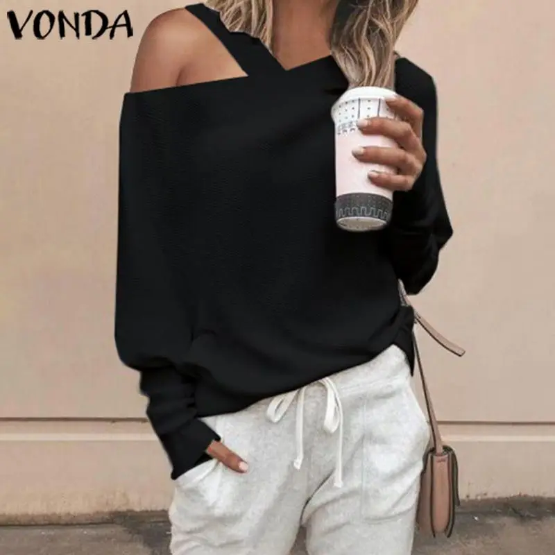 VONDA, женский свитер с открытыми плечами, длинный рукав, вязанные Топы, осенняя блузка, вязаный пуловер, тонкий свитер размера плюс S-5XL
