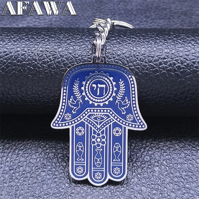 Stainless Steel Hamsa Hand Fish Eyes Keychain Blue Silver Color