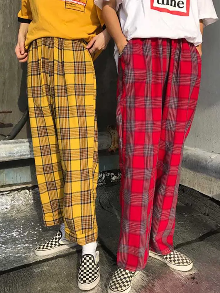 NiceMix/, весенние женские штаны в Корейском стиле, свободные штаны в стиле Харадзюку, Длинные клетчатые штаны, уличная одежда, широкие брюки - Цвет: Цвет: желтый