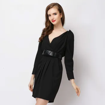 

Streetwear Casual Black Party Dress Slim Long Sleeve Mini Dress Bodycon Skinny Sexy Deep V Neck Elegant Work Autumn Dress Women