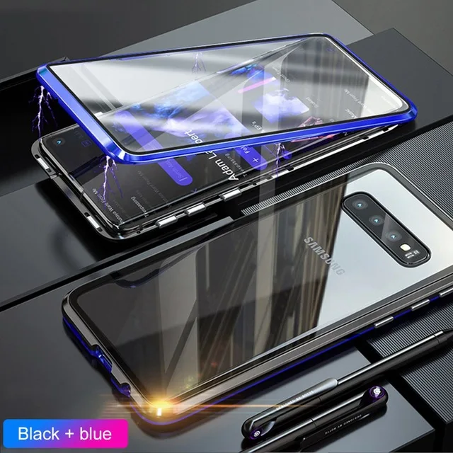 Black and Blue Двухсторонний чехол из закаленного стекла для samsung Galaxy Note 10 Pro 8 9 Plus, металлическая рамка, Магнитная Адсорбция, полное покрытие, чехол для мобильного телефона - Цвет: Black and Blue