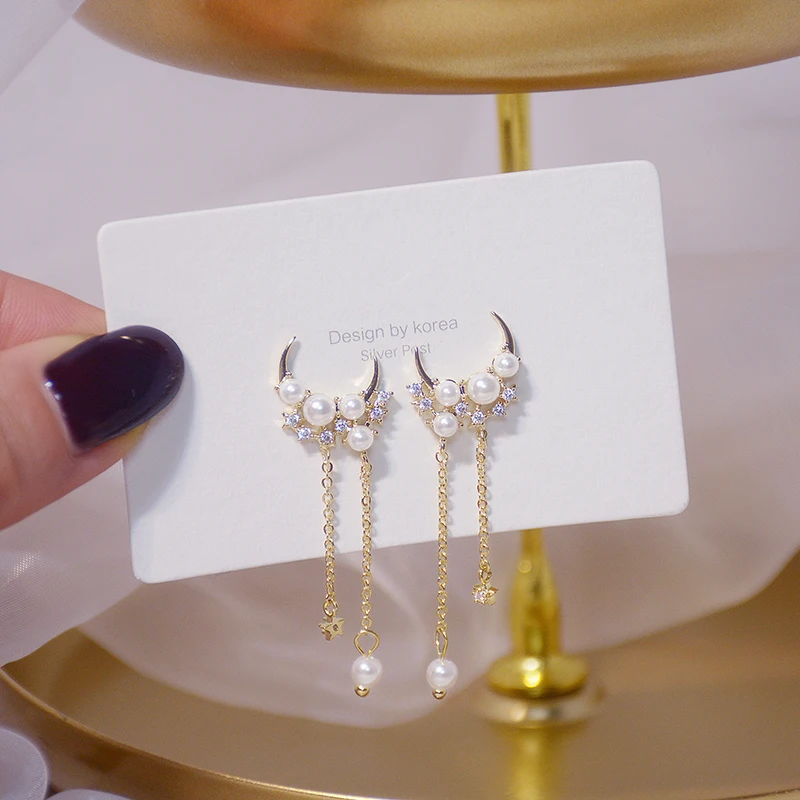 Korean New Arrive 14K Real Gold Moon Pearl Necklace Micro Inlaid AAA Zircon Tassel Kolye Bohemia Jewelry Pendant Birthday Gift