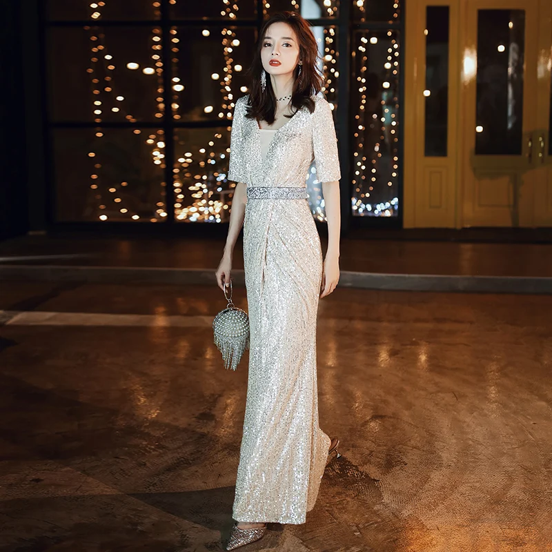 

Evening Dress Champagne Shining Sequined Formal Dresses Mermaid Long Split Elegant Evening Gowns For Girls Robe de soiree K140