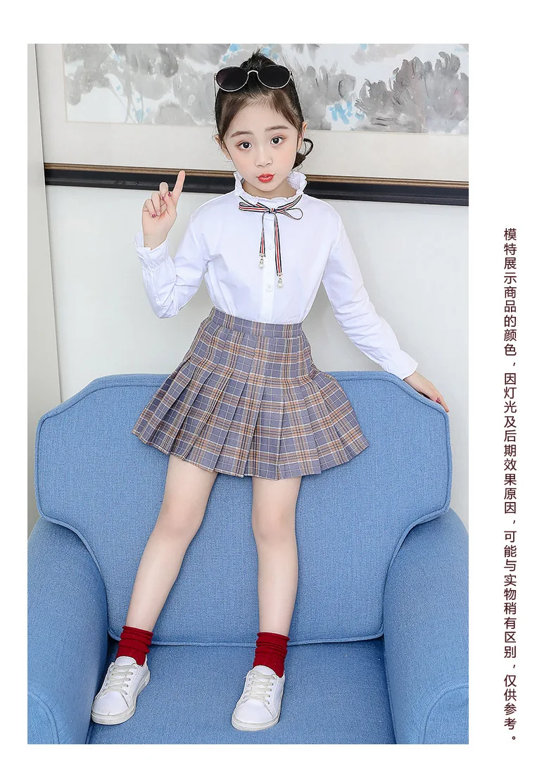 Girl'S Shirt Spring And Autumn New Style Korean-style College Style White Shirt Plaid Short Skirt Big Boy Childrenswear Fas
