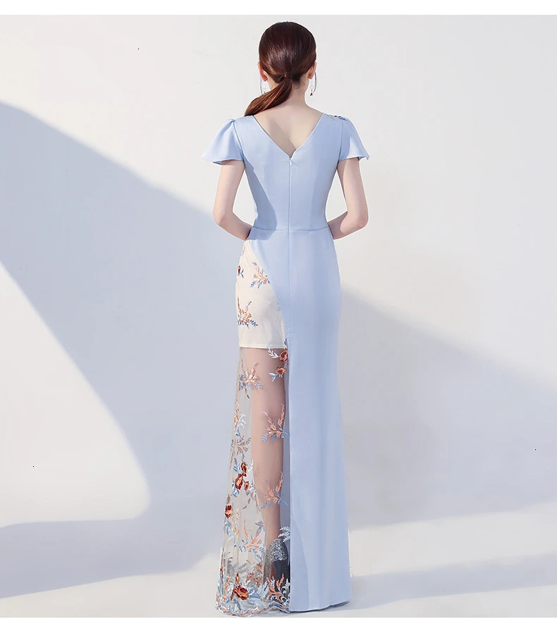 Новая мода вышивка Cheongsam Современная Femme Русалка Тонкий сексуальный Qi Pao женское китайское вечернее китайское платье-Ципао синий Халат