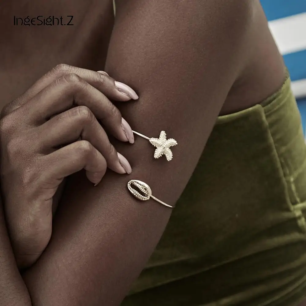 

IngeSight.Z Bohemian Alloy Shell Scallop Starfish Open Cuff Arm Bangle Charm Simulated Pearl Bracelets Bangles for Women Jewelry