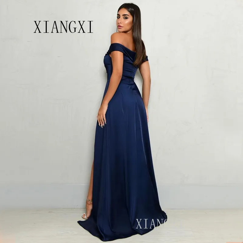 Navy Blue Evening Dresses Long Satin A 