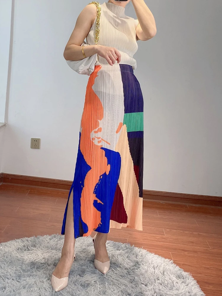 

2021 Summer Printed women skirt Miyak Pleated Fashion Large size spell color pleated long skirt