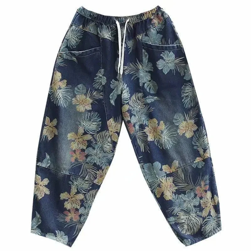 Baggy Printted Streetwear Ankle-length Jeans Oversized 90kg Flower Harem Denim Pants Retro Woemn High Wasit Spring New Pantalon