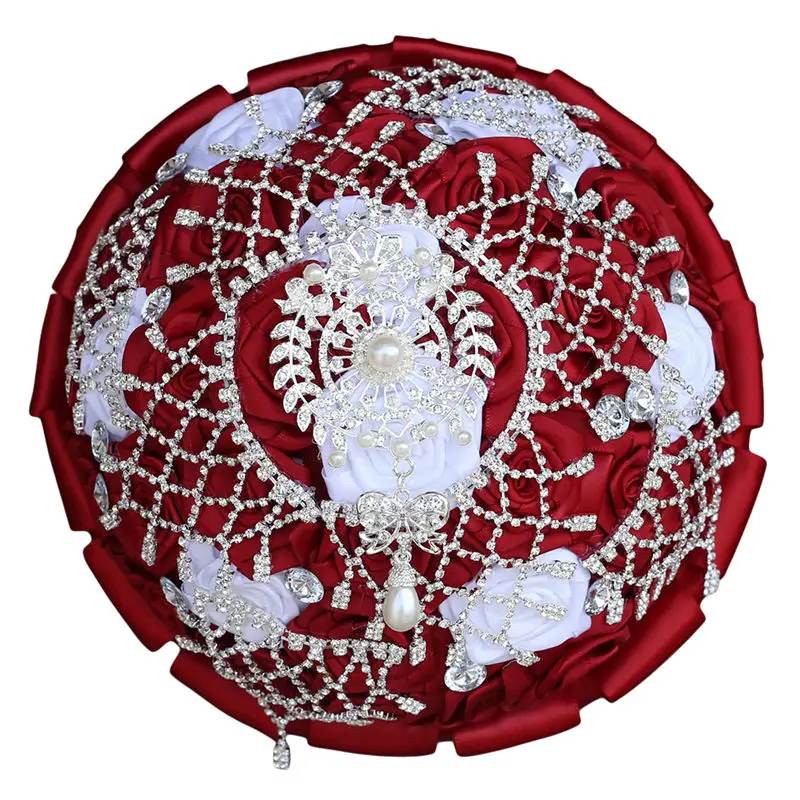 burgundy white 21 см подружки невесты со стразами Свадебные букеты Искусственные цветы букет искусственная роза букет невесты Аксессуары W105D - Цвет: burgundy white