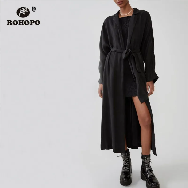 

ROHOPO Notched Collar Belted Black Cotton Midi Trench Coat Side Pockets Baggy Solid Autumn Solid Long Outwear Windbreaker #6443