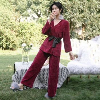

Velour Soft Autumn Winter 2PCS Nightwear Women Burgundy Kimono Bathrobe Gown Pajamas Suit Long Sleeve Home Clothing Lingerie