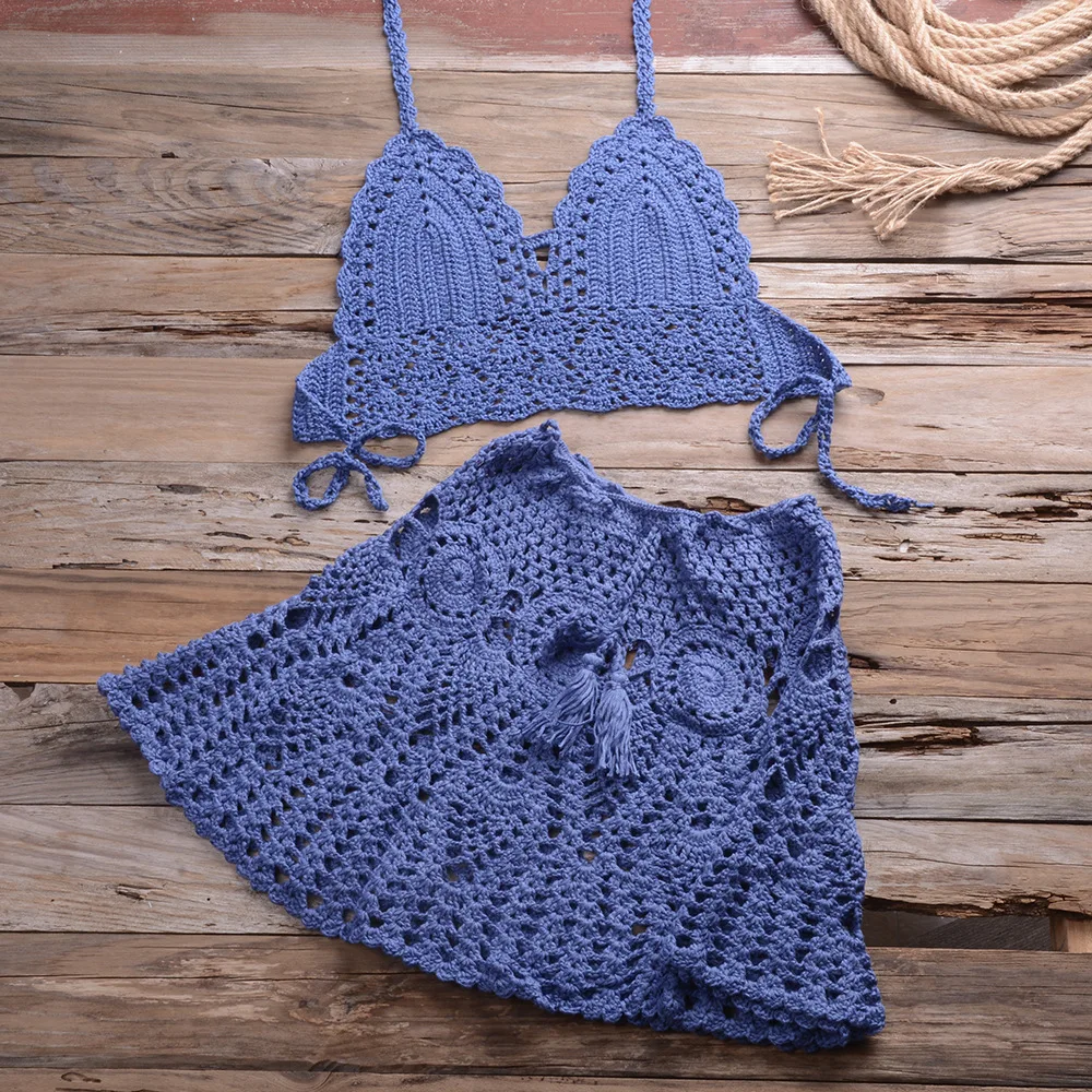 2021 New Crochet 2Pcs/set Beach Cover Up Sexy Women Bra Top+Mini a Line Skirts Bikini Swimsuit Bathing Suit Cover Ups Dress mesh bikini cover up