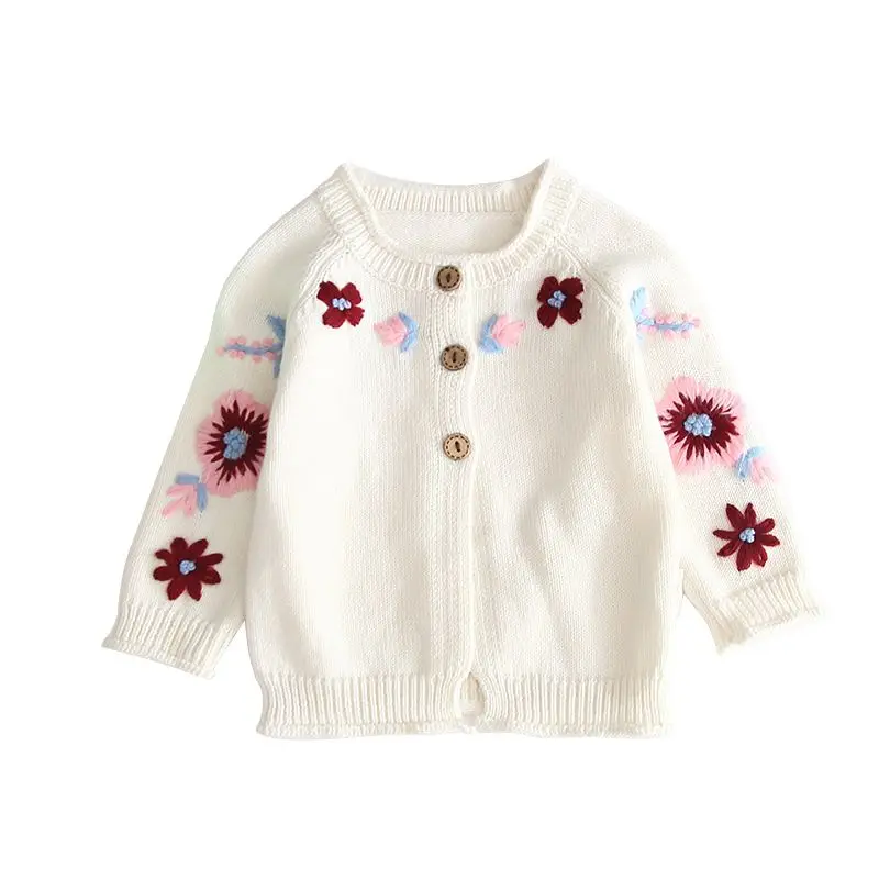 Свитера для маленьких девочек, хлопковый однобортный милый вязаный кардиган с цветочным рисунком, свитер на весну и осень