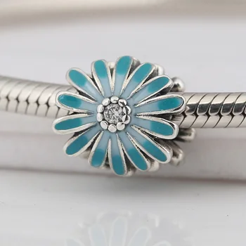 

Authentic S925 Bead DIY Jewelry Blue Daisy Flower Charm fit Lady Bracelet Bangle