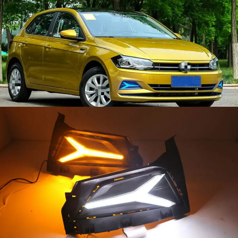 

1 пара автомобильный DRL светодиодный дневный ходовой светильник противотуманная фара последовательная желтая функция сигнала поворота 12В для Volkswagen Polo 2018 2019