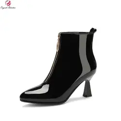 Оригинальные Модные женские ботильоны; ботинки из натуральной лакированной кожи на шпильках; популярная черная обувь на молнии; женские