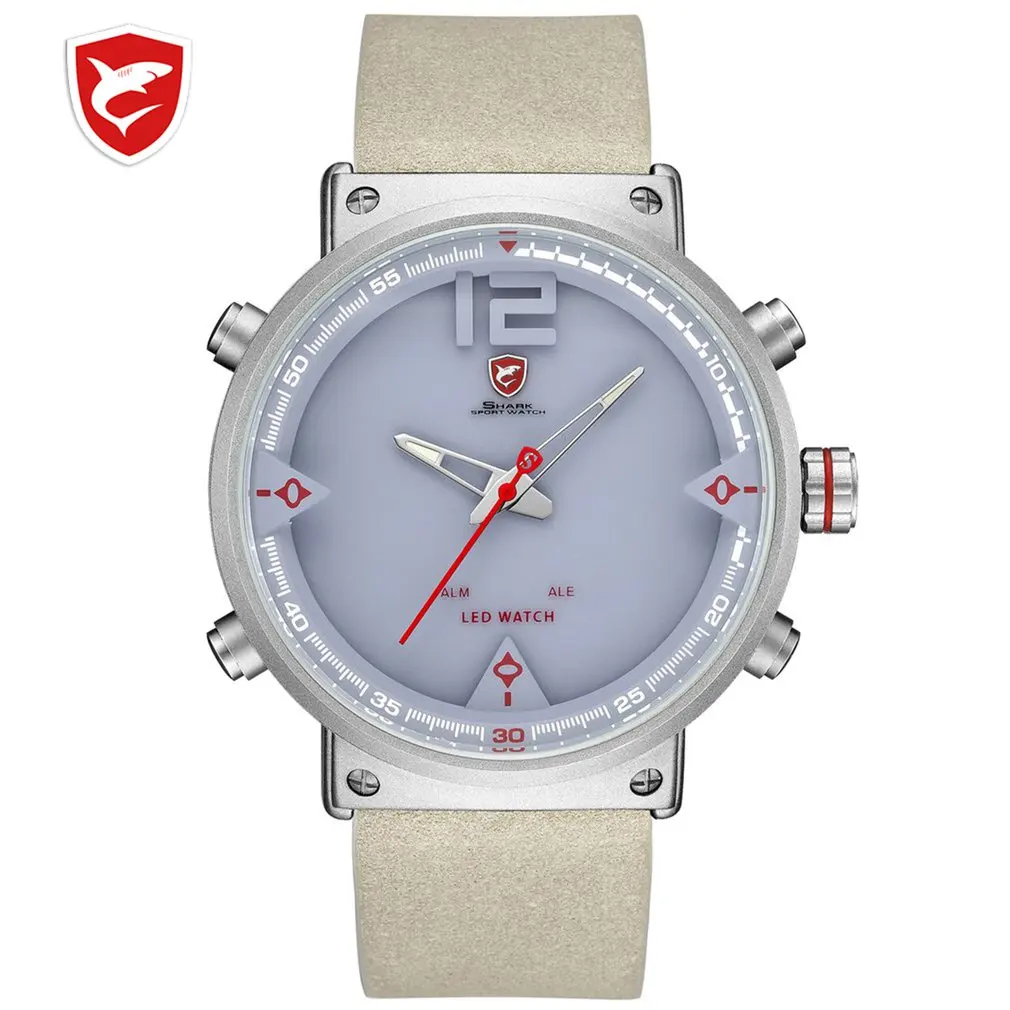 Bluegray Carpet Shark Sport Watch Black Men's Quartz Digital Analog LED Military Brown Leather Watches Relogio Masculino /SH546
