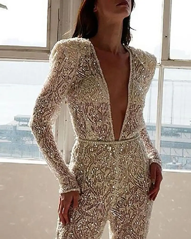 The new 2021 women's sexy long-sleeved, deep-v silver sequin two-piece party dress pant jumpsuit