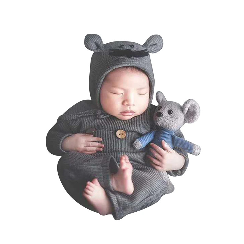 

Cute New Born Baby Jumpsuit Infant Toddler Boy Girl Solid Color Long Sleeve Romper Hat and A Toy Photography Clothing