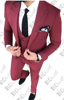 

Peak Lapel Men Suits 3 Piece (Jacket+Vest+Pants) Prom Tuxedo Slim Fit Groom Wedding Suits For Men Custom Blazer