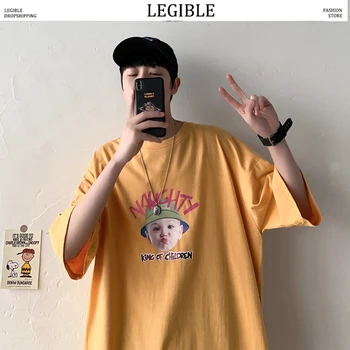 

LEGIBLE New Korea Loose O Neck Men T shirt 2020 Summer Japan T-shirt Baby Character Letter Print Oversize Casual Tshirt Men