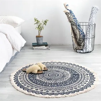 

Boho Style Round Carpet Bedroom Tassel Cotton Rug Morocco Hand Woven National Classic Tapestry Sofa Cushion Tatami Floor Mats