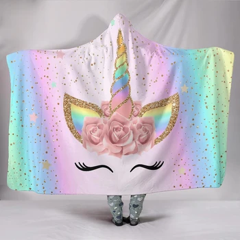 

XC USHIO Fashion Unicorn Spot Pattern 3D Printed Plush Hooded Blanket For Adults Kids Warm Wearable Fleece Throw Blankets