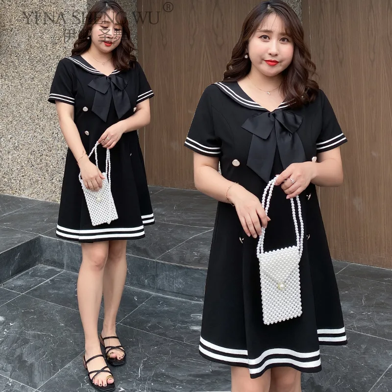 

School Dresses Sailor Navy Collar Suit Jk Uniforms Cosplay College Middle School Costume Black Strap Short Sleeve Dress Fat Girl