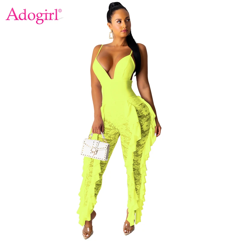 

Adogirl Women Ruffles Sheer Lace Patchwork Jumpsuit Deep V Neck Spaghetti Straps Backless Slim Romper Club Overalls Bodysuits