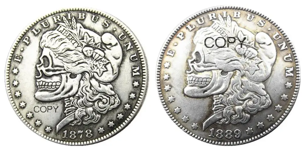 2PCS Hand Carved US 1878cc Morgan Dollar Coin Hobo Creative Skull Cool Gift 