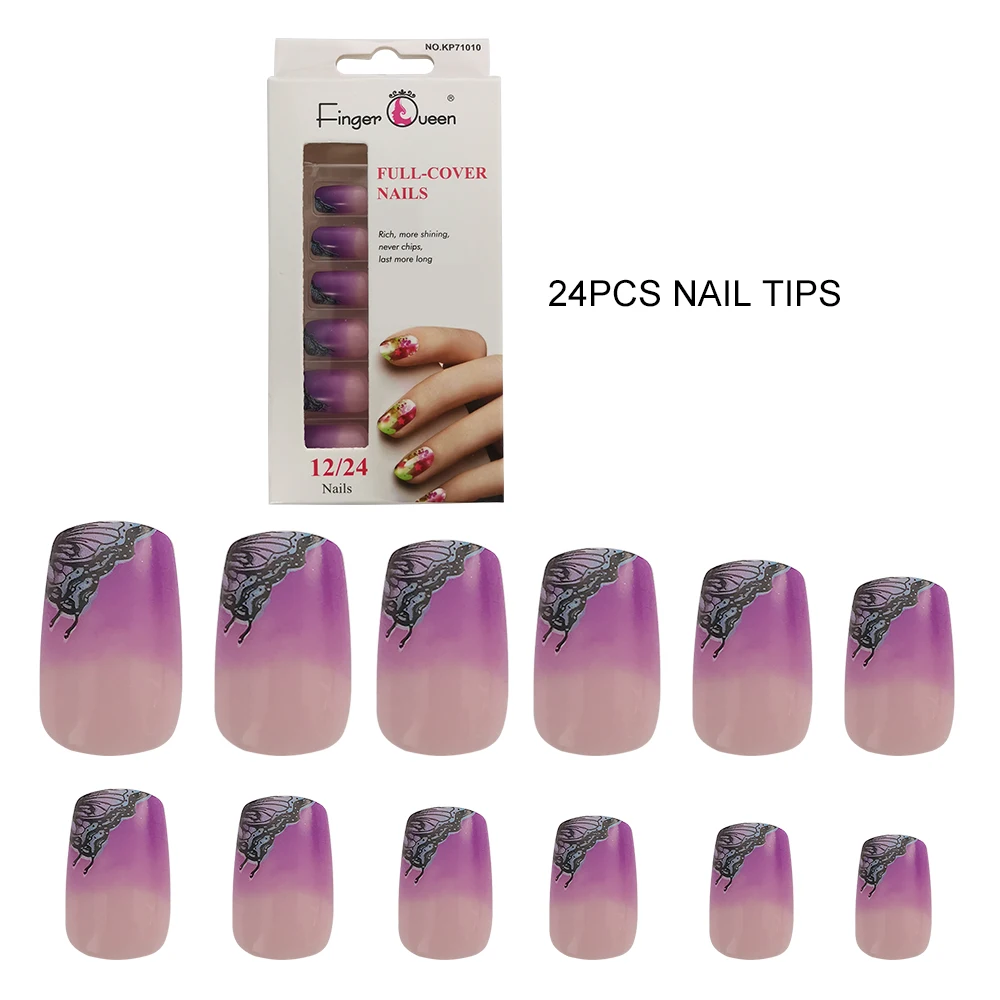 24 штуки фиолетовая бабочка градиентный дизайн кончики для ногтей полностью покрытые ногти высокого качества пластиковые квадратные накладные ногти