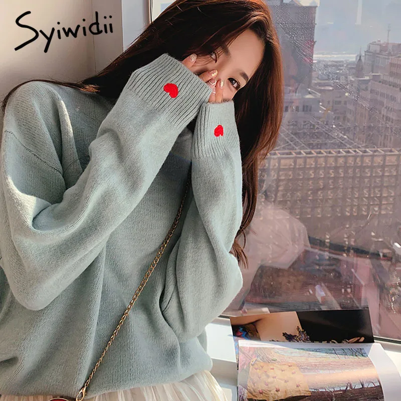 Embroidery Heart Sweater Women Pullovers O-Neck Knitted Fall Winter Clothes Harajuku Shirt Oversized Korean Jumper | Женская одежда