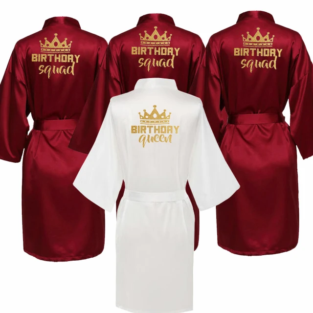 Birthday Party Queen&Squad Robes Satin Pajamas Robe Dressing Gown Pajamas gold writing kimono robe 1