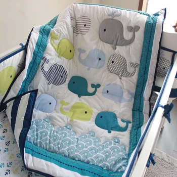 

Promotion Ins Cot bedding set 100% cotton Embroidery 3D ocean whale Baby bedding set bedskirt quilt bumper Crib bedding set