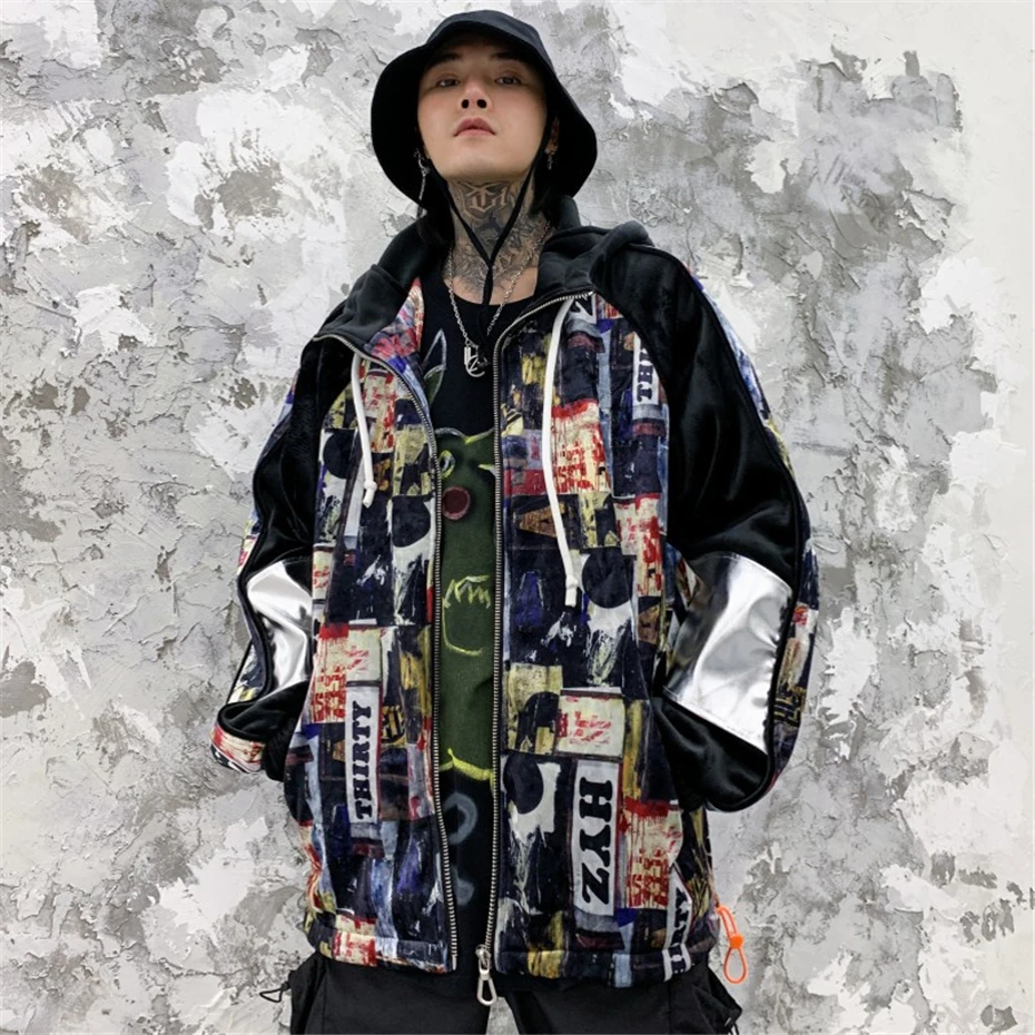 Harajuku Для мужчин Куртки и пальто для мальчиков с капюшоном футболки в стиле «хип-хоп», уличная пальто мужской Famale с принтом в стиле пэчворк на молнии темно-синяя спортивная куртка WG707