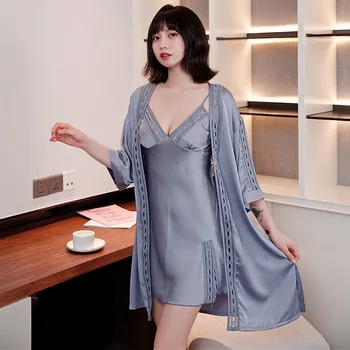 

Women Robe & Gown Sets Sexy Lace back hollowed Sleep Lounge Pijama Ladies Nightwear Bathrobe Night Dress With Chest Pads