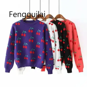 

2020 Autumn Winter Women Cherry Pattern Pullover Sweater Women Long Sleeve O-neck Knitted Pull Femme Sweet Christmas Jumper Top
