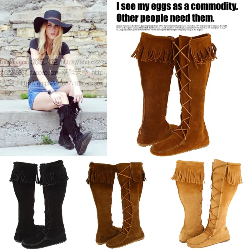 

Winter Women Genuine Leather Lace Boots Flat Heel Cross Strap Fringed Boots Suede Over The Knee Boots Size 41 Botas Femininas