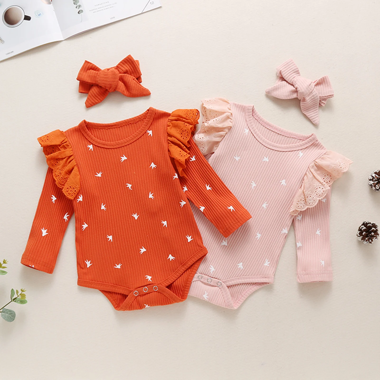 Baby Ribbed Jumpsuits, Infant Round Neck Lace Long Sleeve Bodysuit and