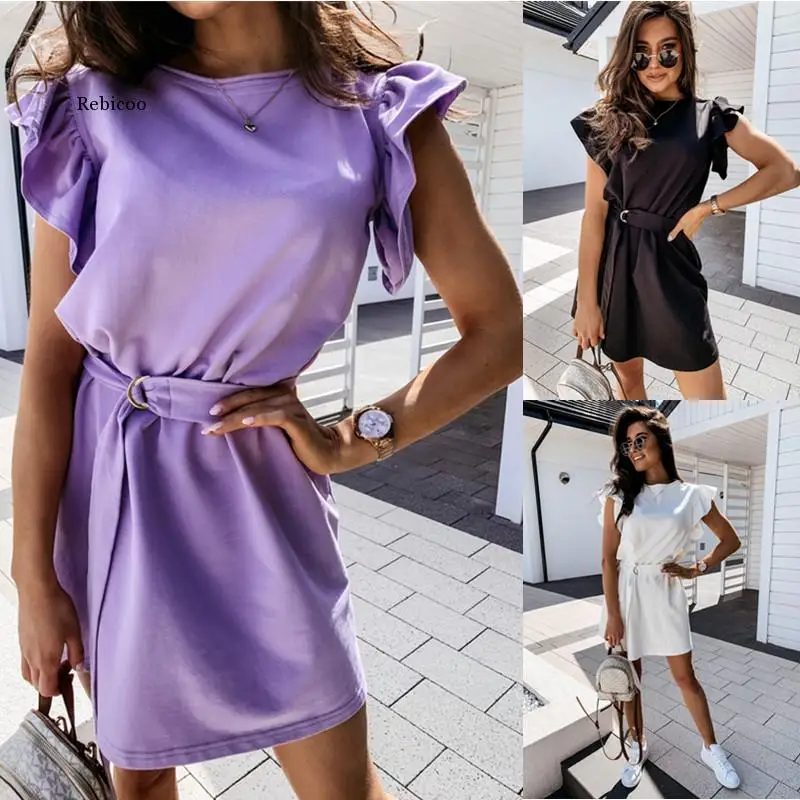 

Women Summer Fashion Clothing Ruffled Short Sleeve Round Neck Ladies Dress