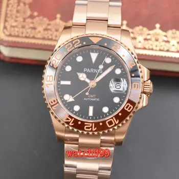 

40mm Parnis Luminous waterproof mechanical mens watches Rose gold case Ceramic bezel date GMT automatic men's watch
