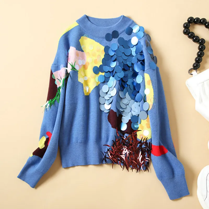 

European and American women's clothing 2019 winter new style Long sleeve heavy sequins Fashionable printed blue sweater